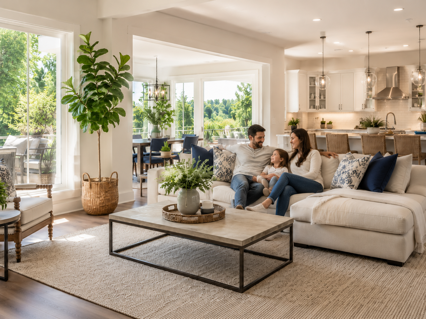 Family relaxing in a bright freshly cleaned living room