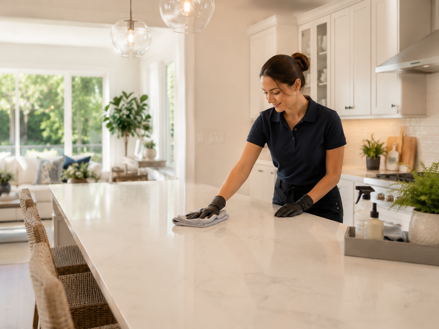 Professional house cleaner wiping a bright modern kitchen counter